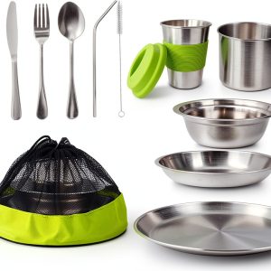 Camping Mess Kit Acelane Stainless Steel 11 Piece Green for 1-2-0